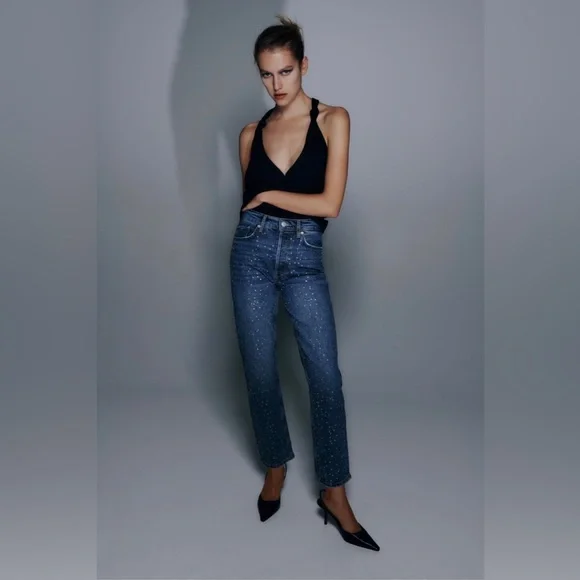 Zara | Jeans | Zara Zw The High Rise Slim Rhinestone Jeans
